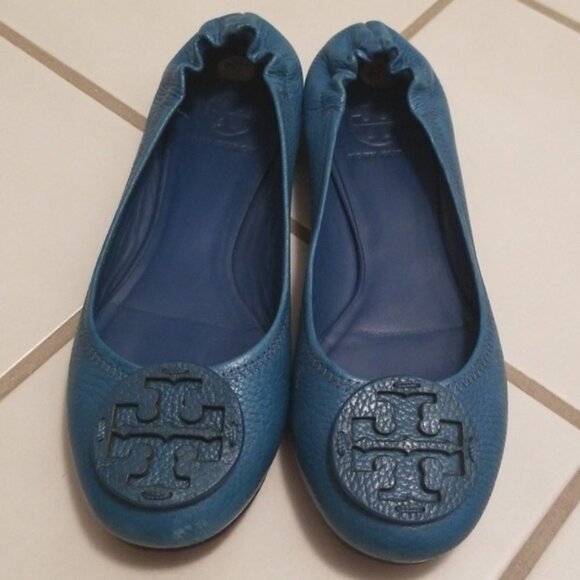 TORY BURCH Teal 8.5 M Tumbled Leather Reva Flats - Picture 1 of 8